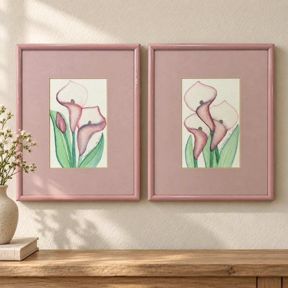 Vintage Toni Biewenga Ory Calla Lily Art Pair Signed 1990 Pink Floral Wall Decor